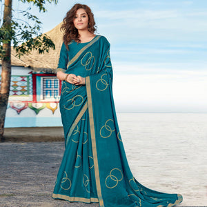 Blue Casual Wear Printed Chiffon Saree - Peachmode