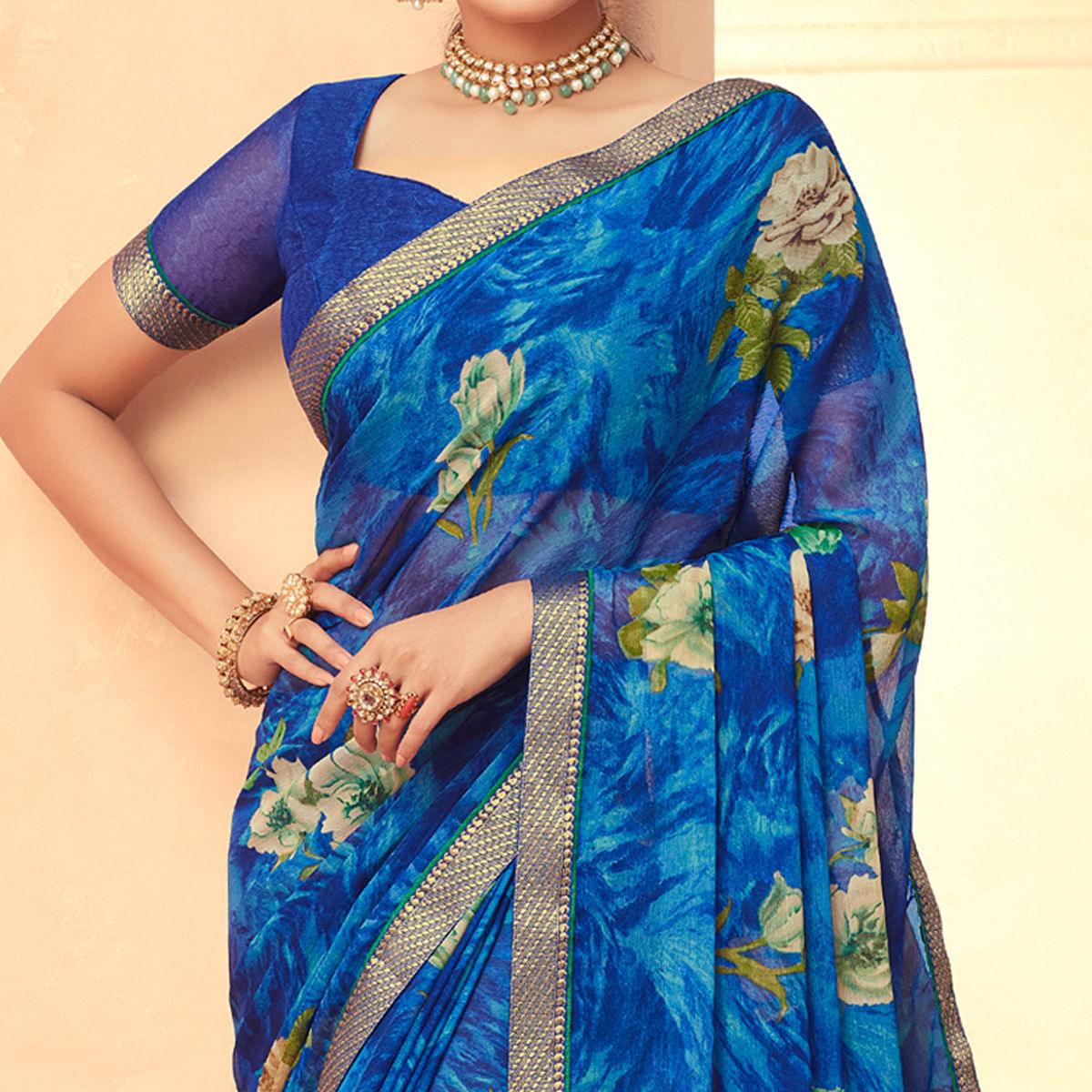 Blue Casual Wear Printed Chiffon Saree - Peachmode