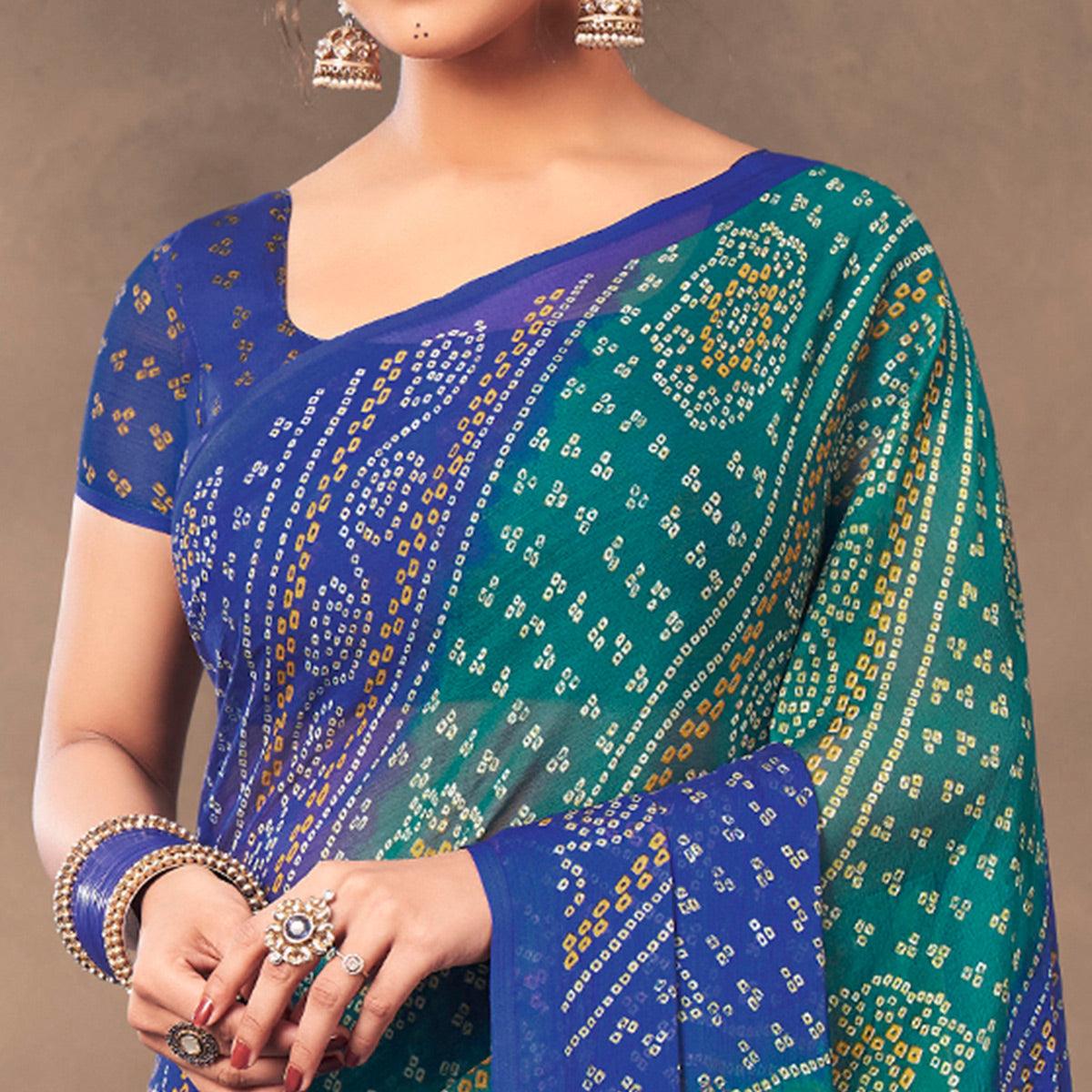Blue Casual Wear Printed Chiffon Saree - Peachmode