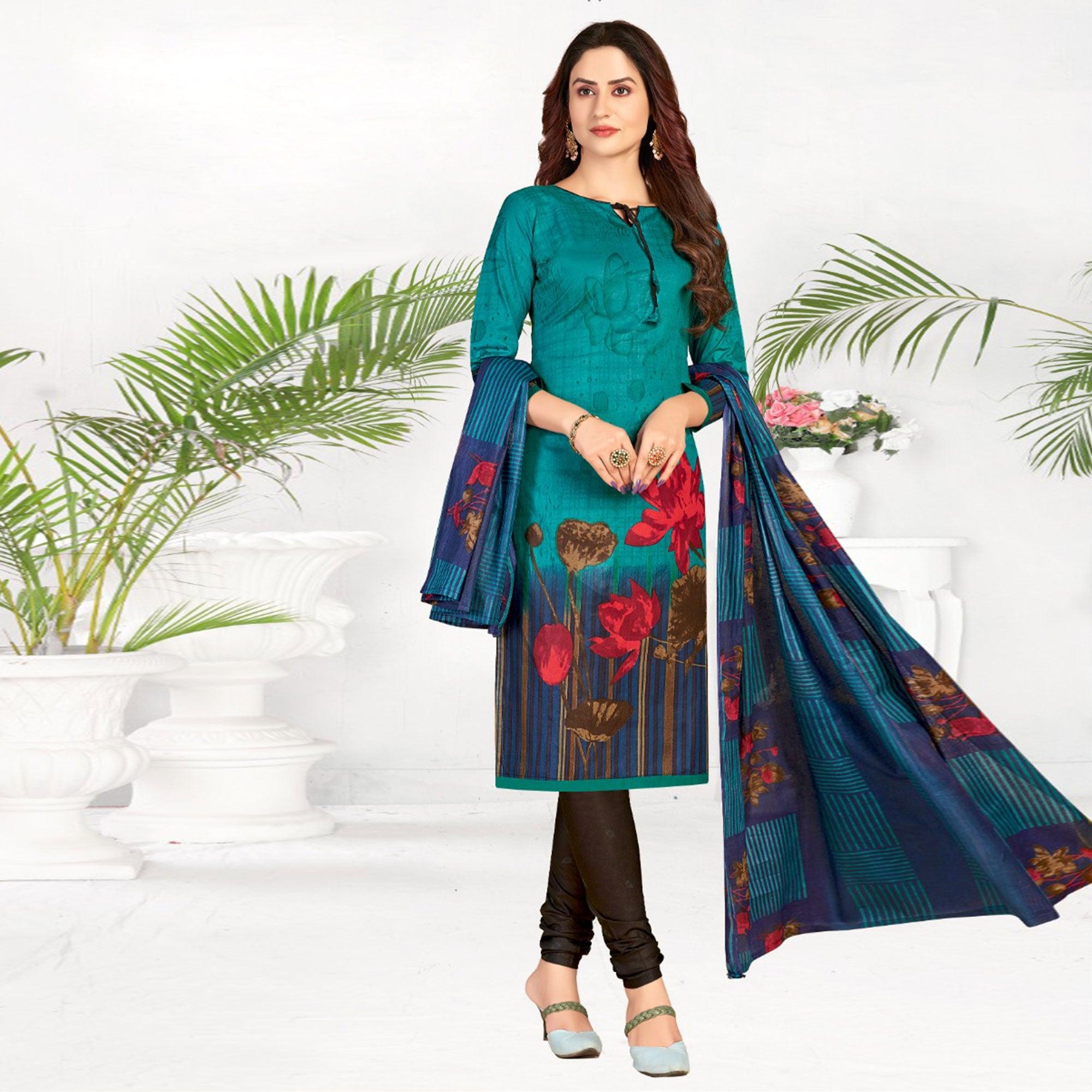 Blue Casual Wear Printed Cotton Dress Material - Peachmode