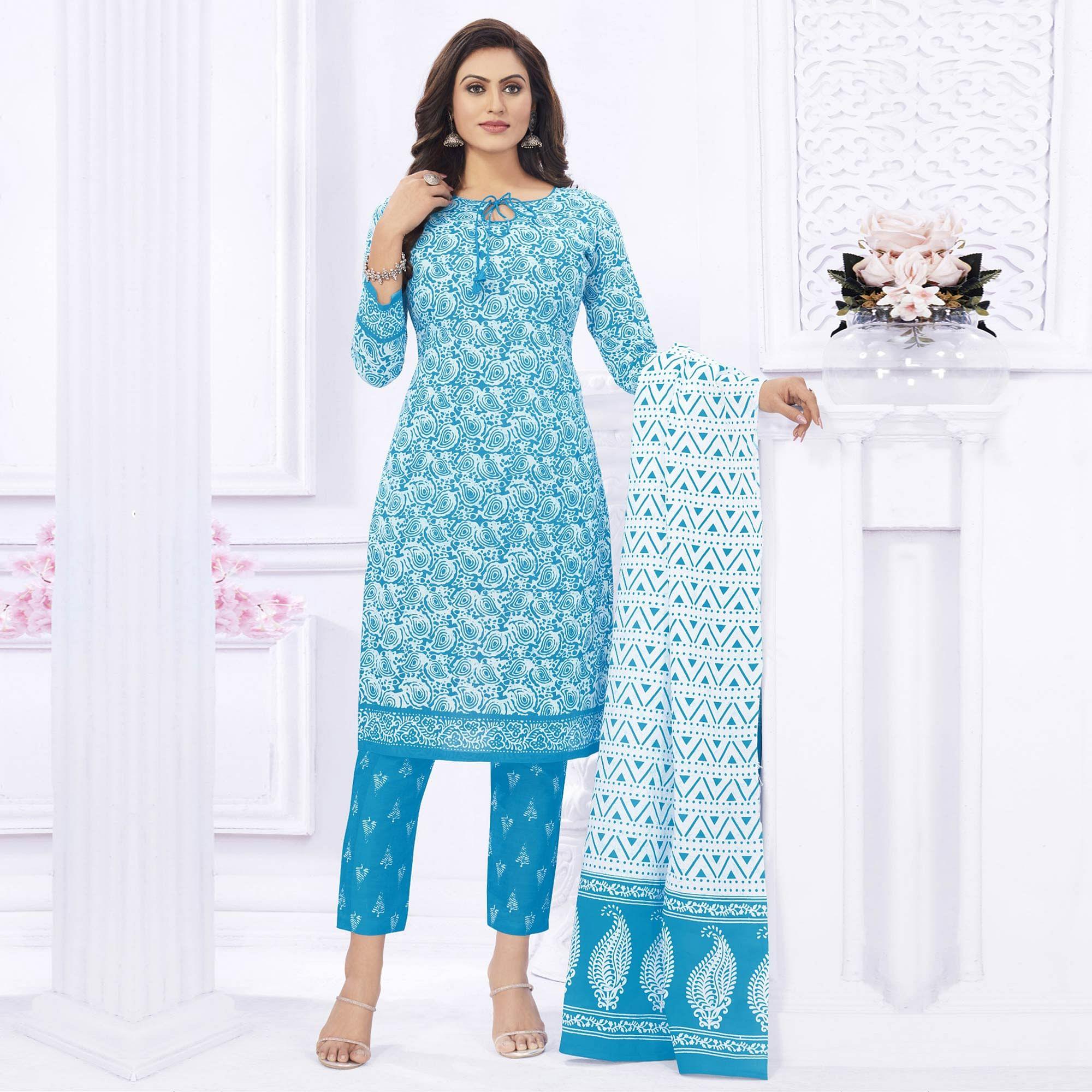 Blue Casual Wear Printed Cotton Dress Material
