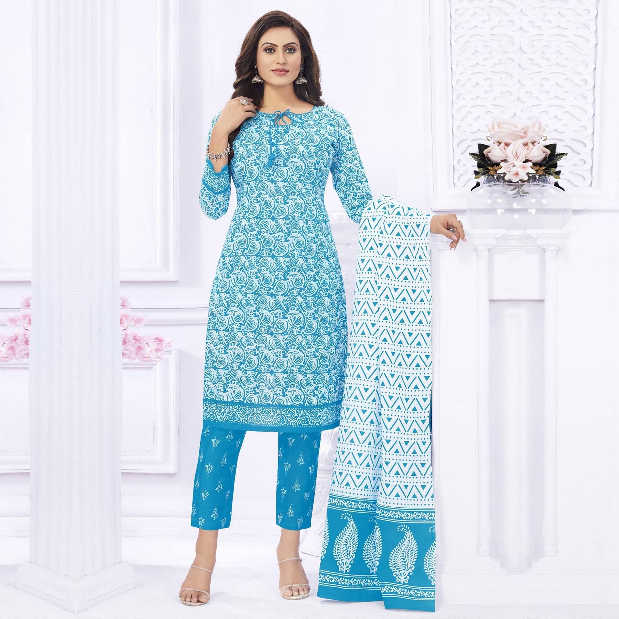 Blue Casual Wear Printed Cotton Dress Material - Peachmode