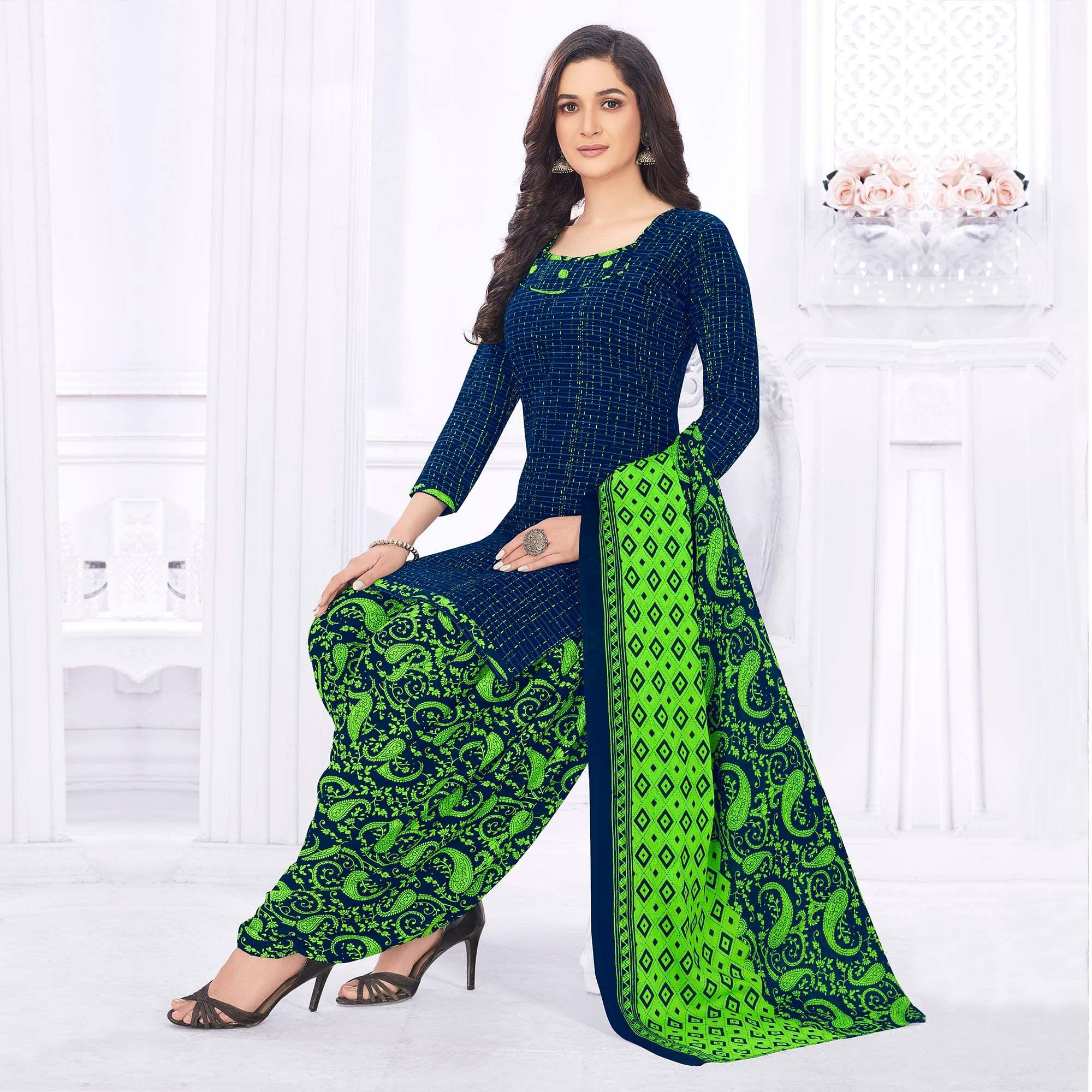 Blue Casual Wear Printed Cotton Dress Material - Peachmode