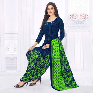 Blue Casual Wear Printed Cotton Dress Material - Peachmode