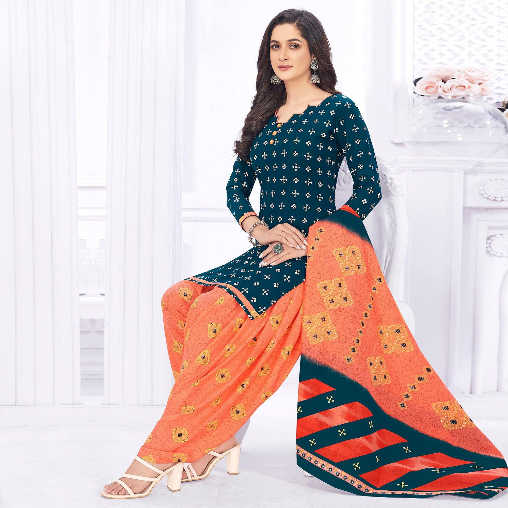 Blue Casual Wear Printed Cotton Dress Material - Peachmode