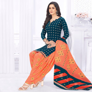 Blue Casual Wear Printed Cotton Dress Material - Peachmode