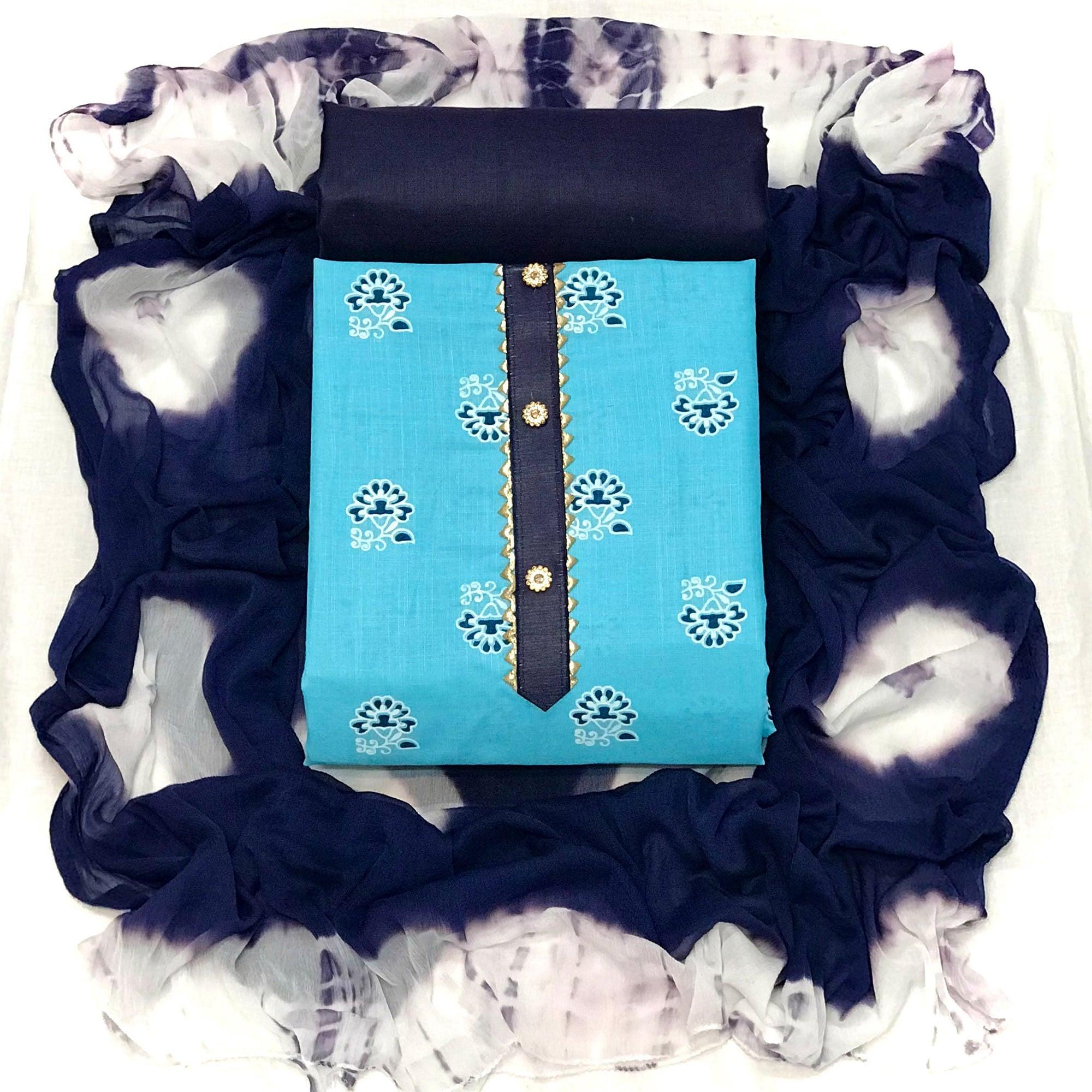 Blue Casual Wear Printed Cotton Dress Material - Peachmode