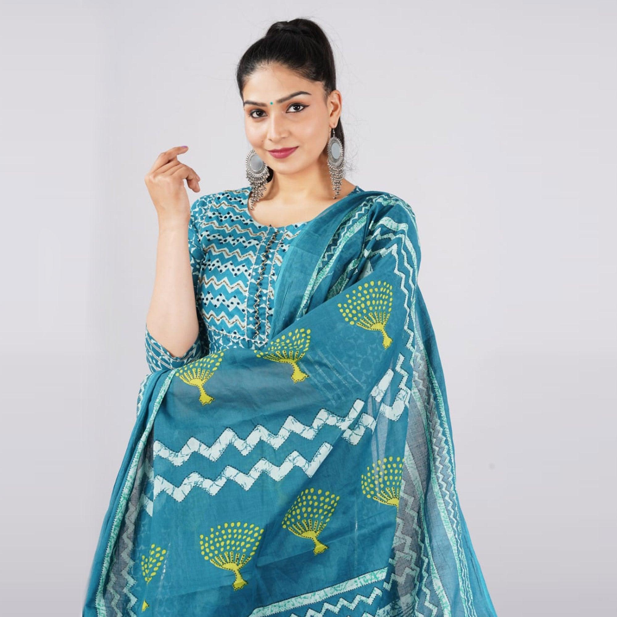 Blue Casual Wear Printed Cotton Kurti Pant Set With Dupatta - Peachmode