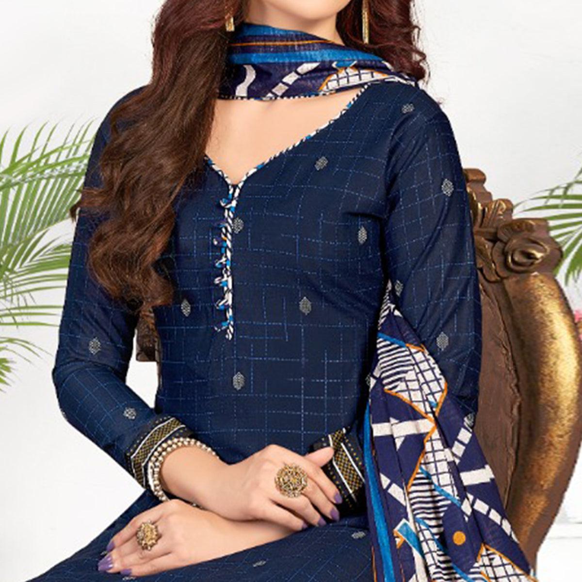 Blue Casual Wear Printed Cotton Patiala Dress Material - Peachmode