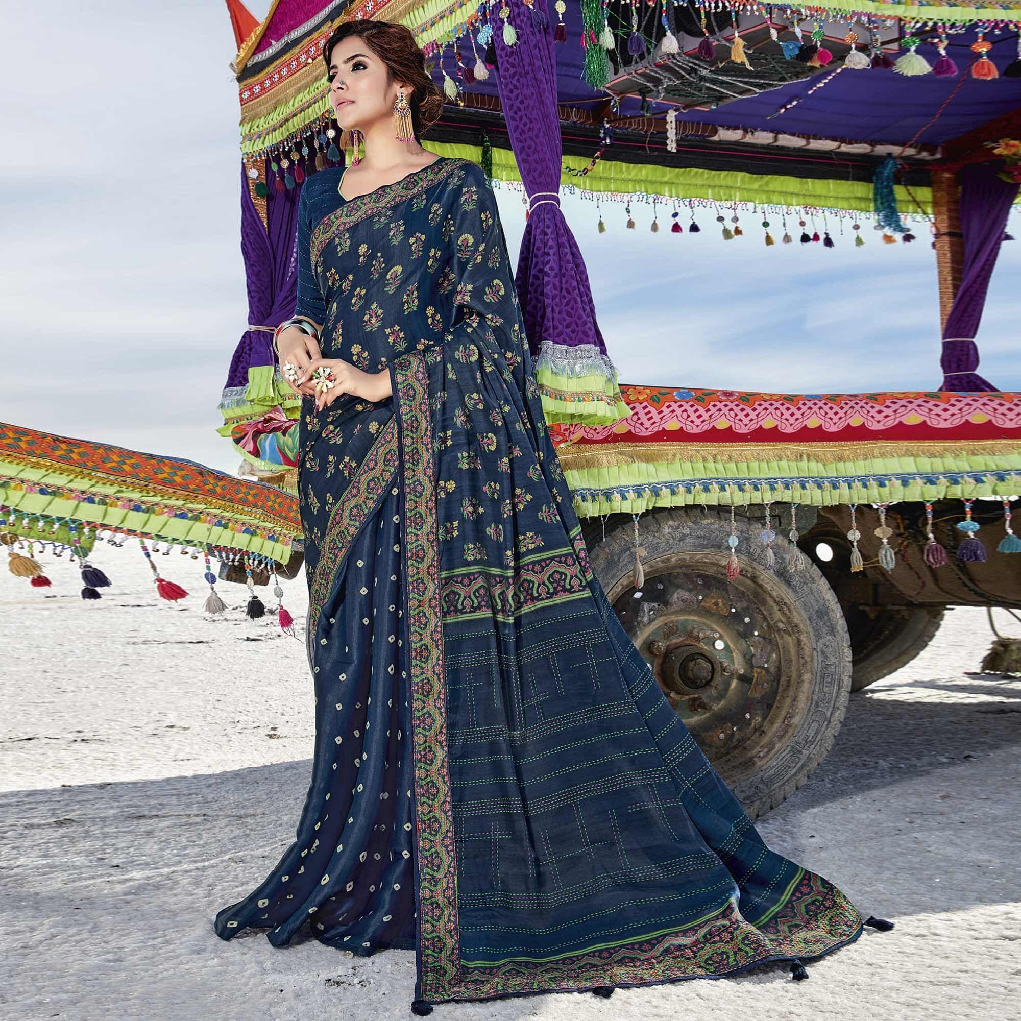 Blue Casual Wear Printed Cotton Silk Saree - Peachmode