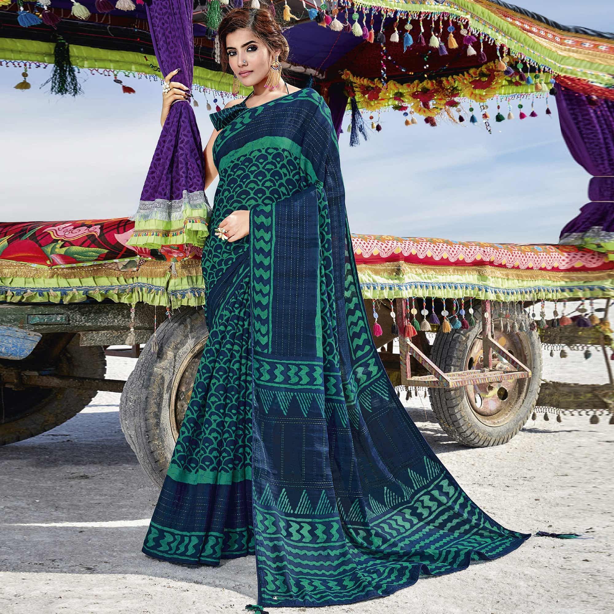 Blue Casual Wear Printed Cotton Silk Saree - Peachmode