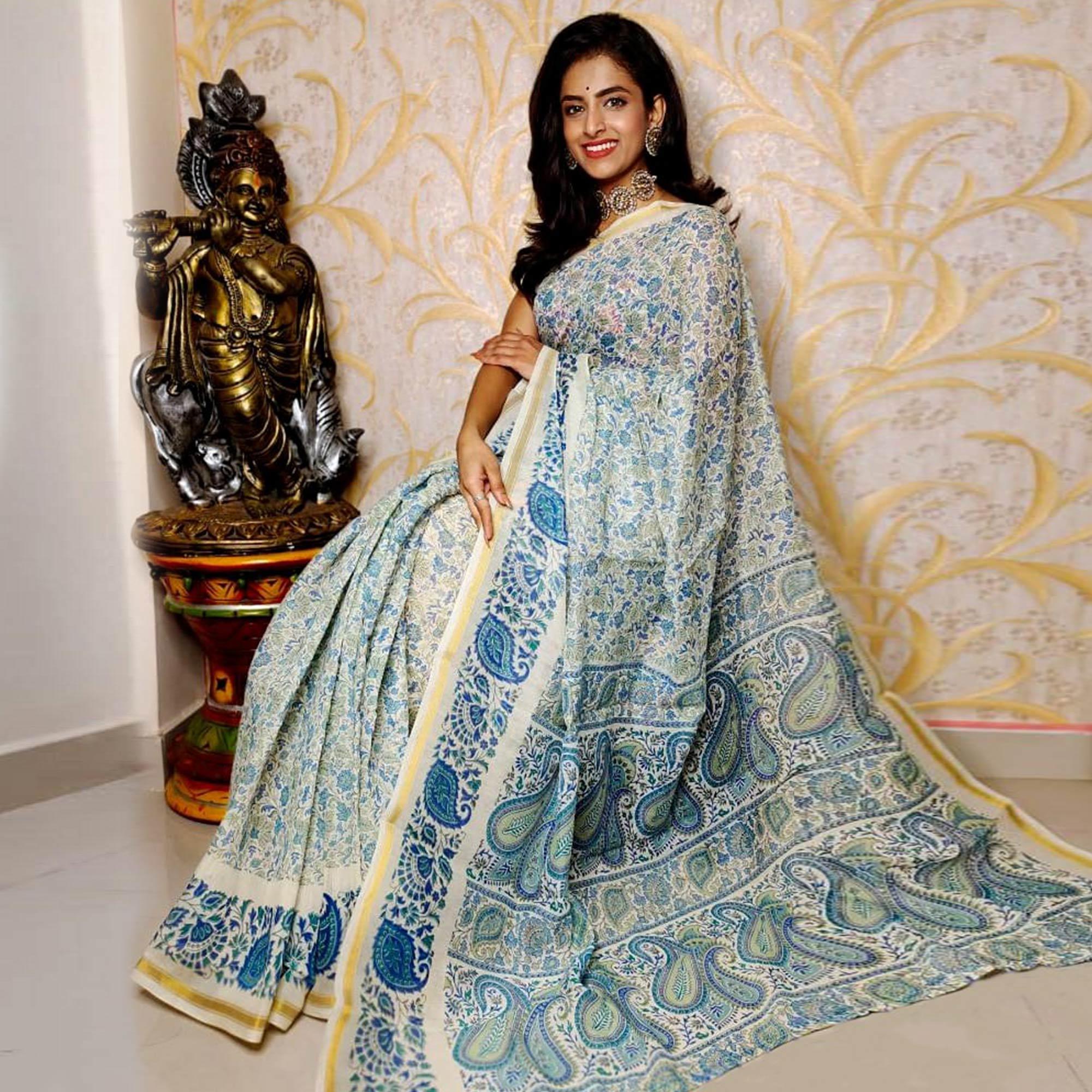 Blue Casual Wear Printed Cotton Silk Saree - Peachmode