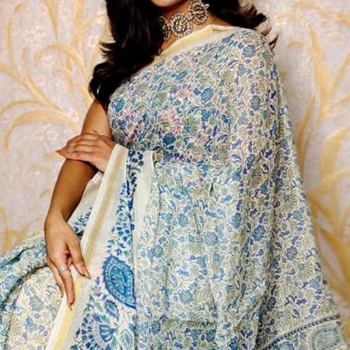 Blue Casual Wear Printed Cotton Silk Saree - Peachmode