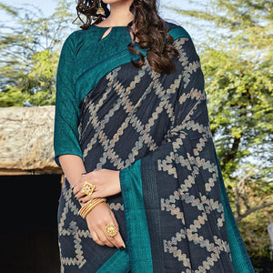Blue Casual Wear Printed Cotton Silk Saree - Peachmode