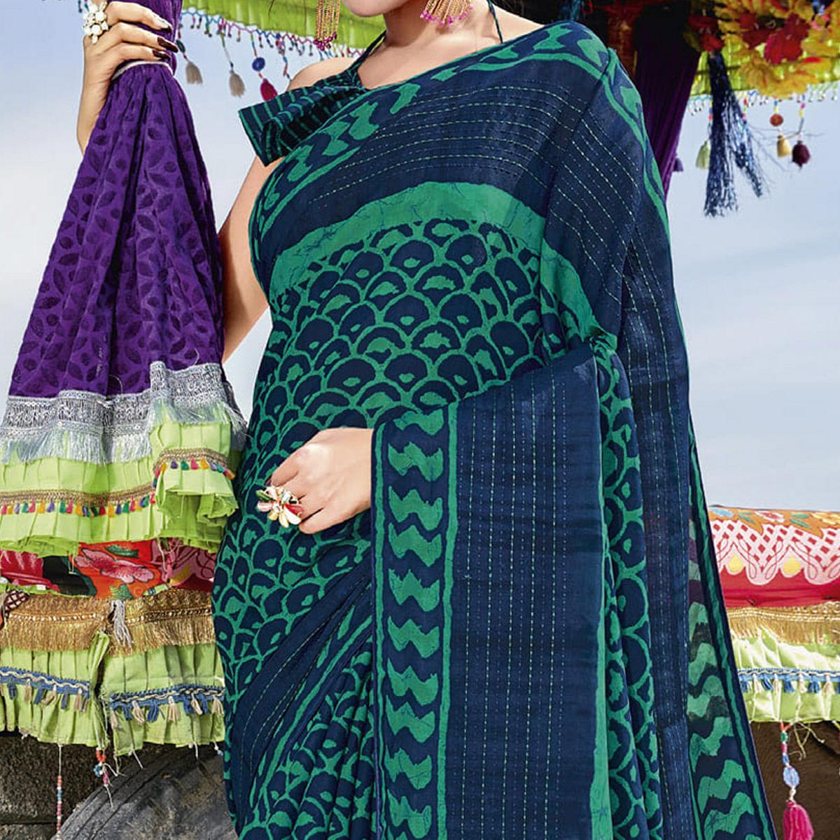 Blue Casual Wear Printed Cotton Silk Saree - Peachmode