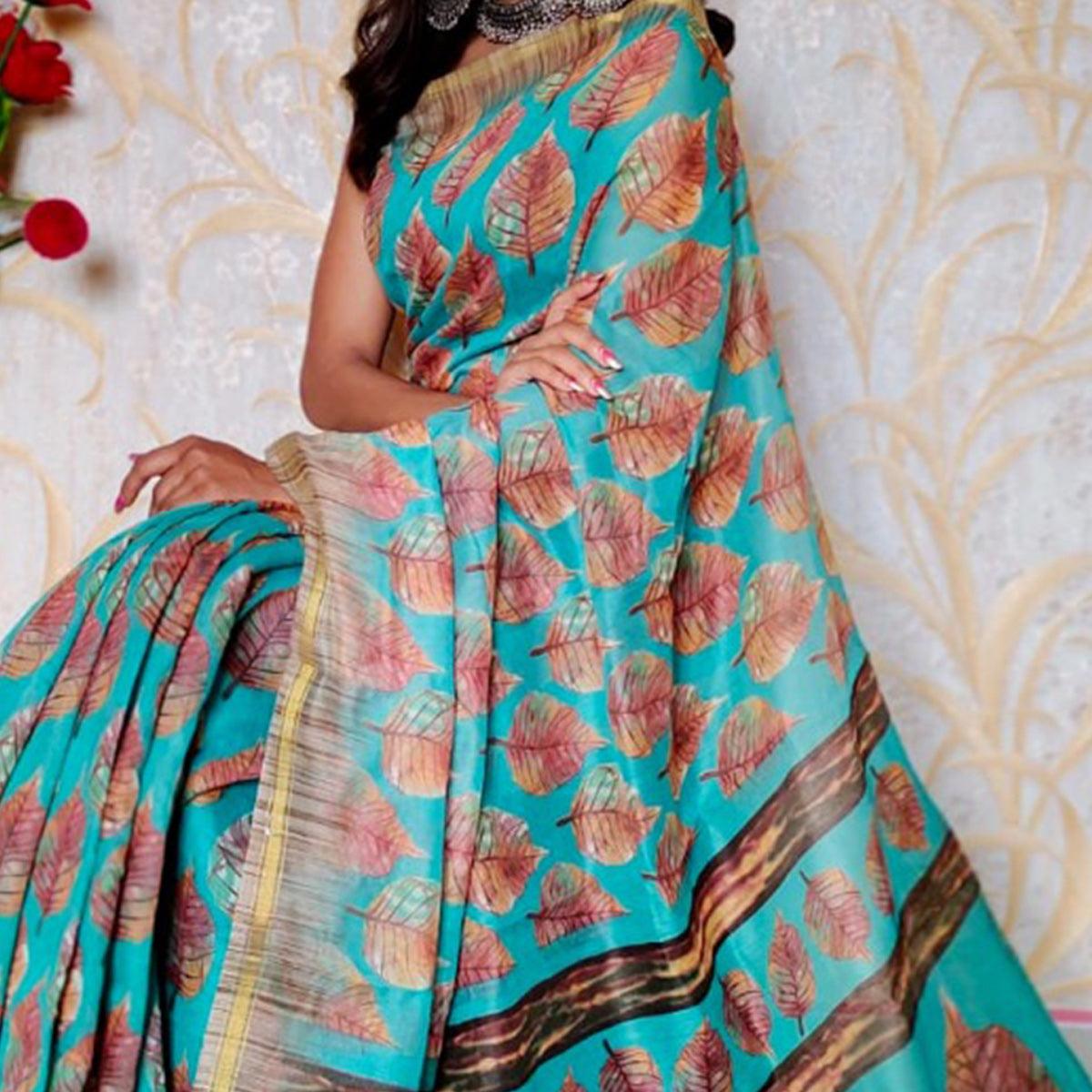 Blue Casual Wear Printed Cotton Silk Saree - Peachmode