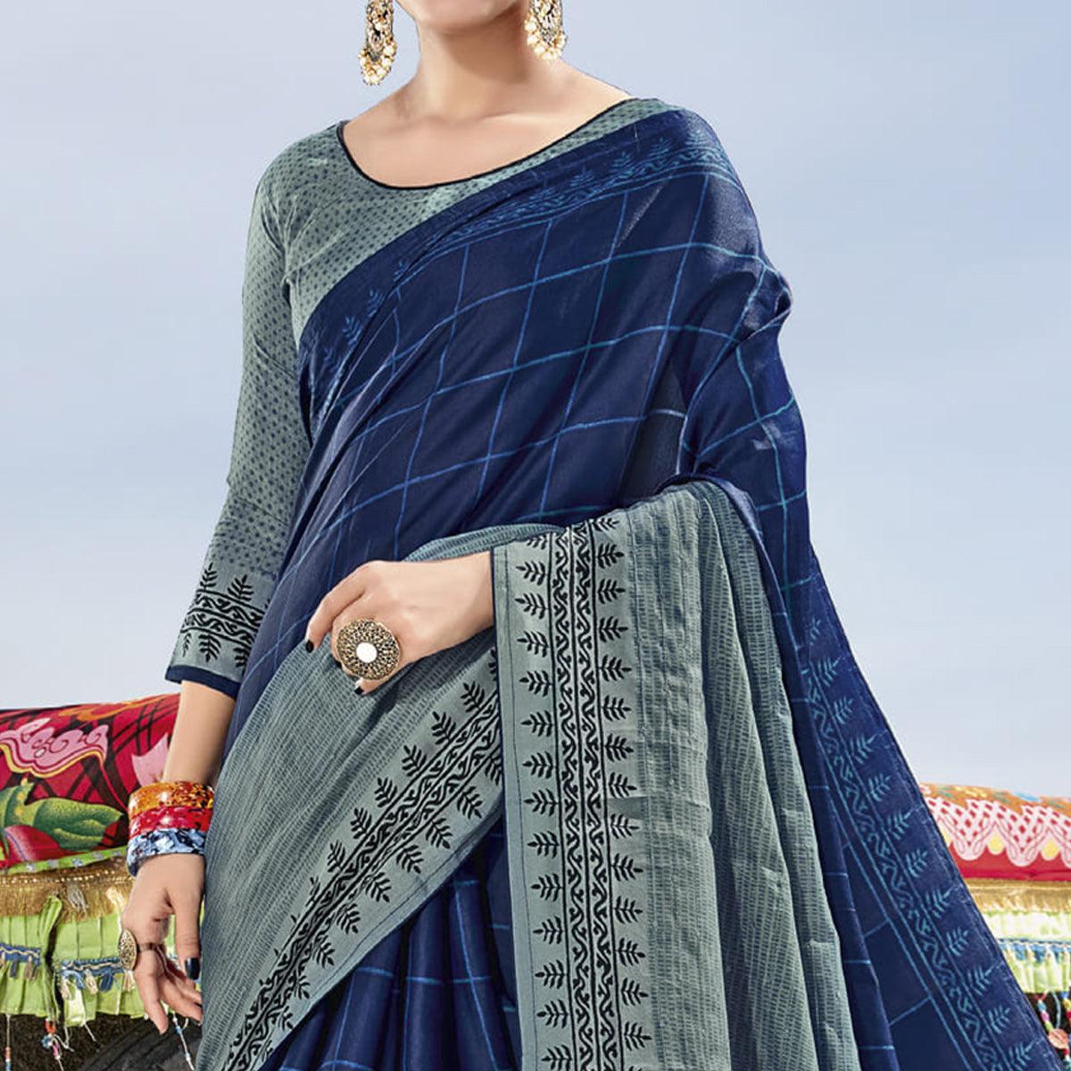 Blue Casual Wear Printed Cotton Silk Saree - Peachmode
