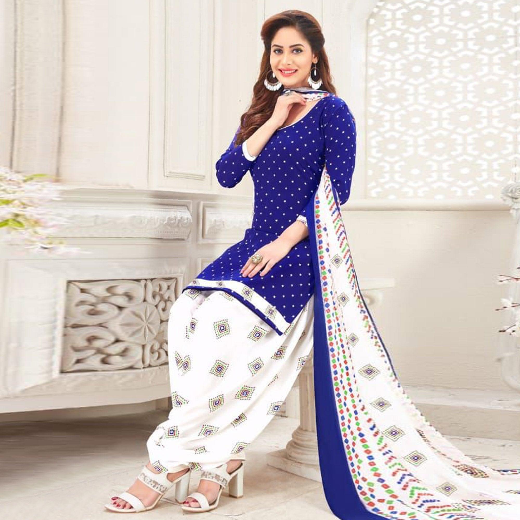 Blue Casual Wear Printed Crepe Patiala Dress Material - Peachmode