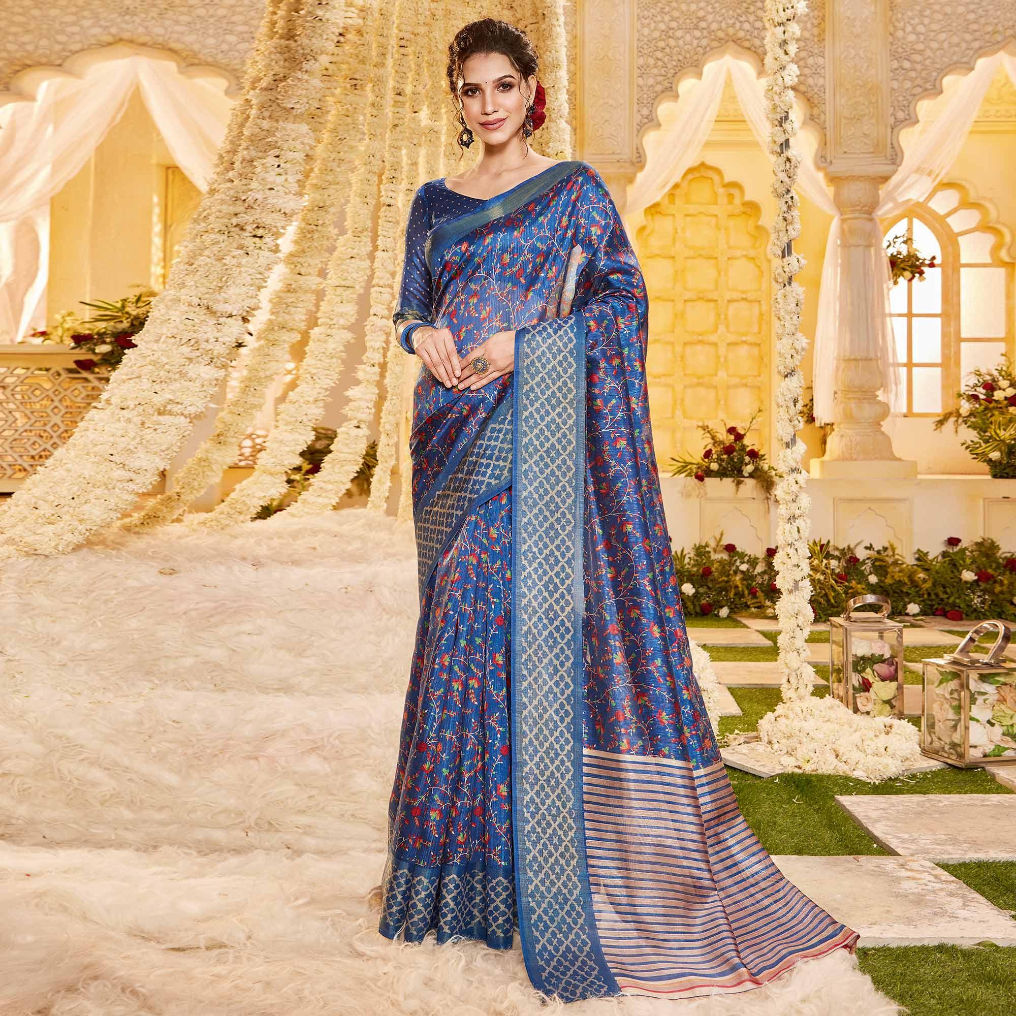 Blue Casual Wear Printed Crystal Silk Saree - Peachmode