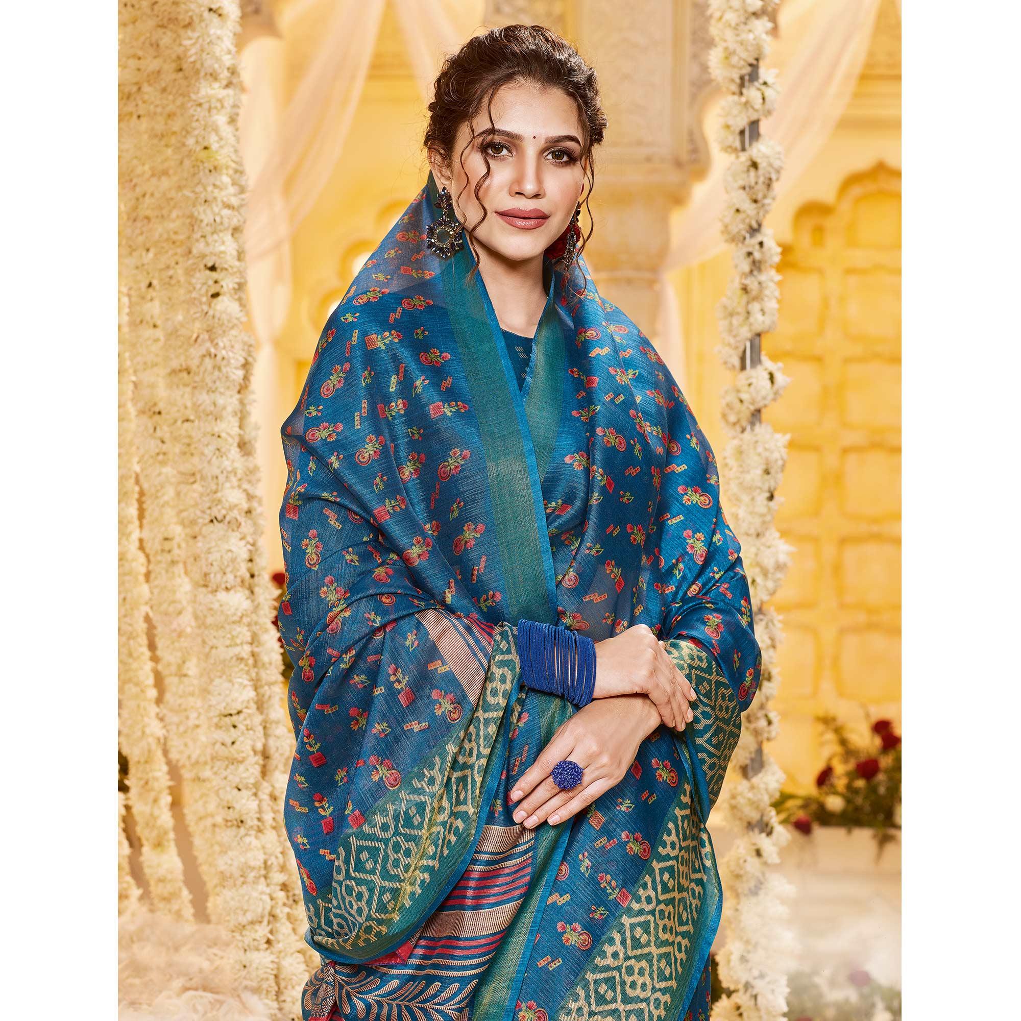 Blue Casual Wear Printed Crystal Silk Saree - Peachmode
