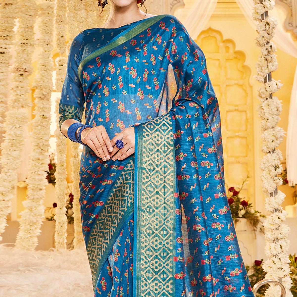 Blue Casual Wear Printed Crystal Silk Saree - Peachmode