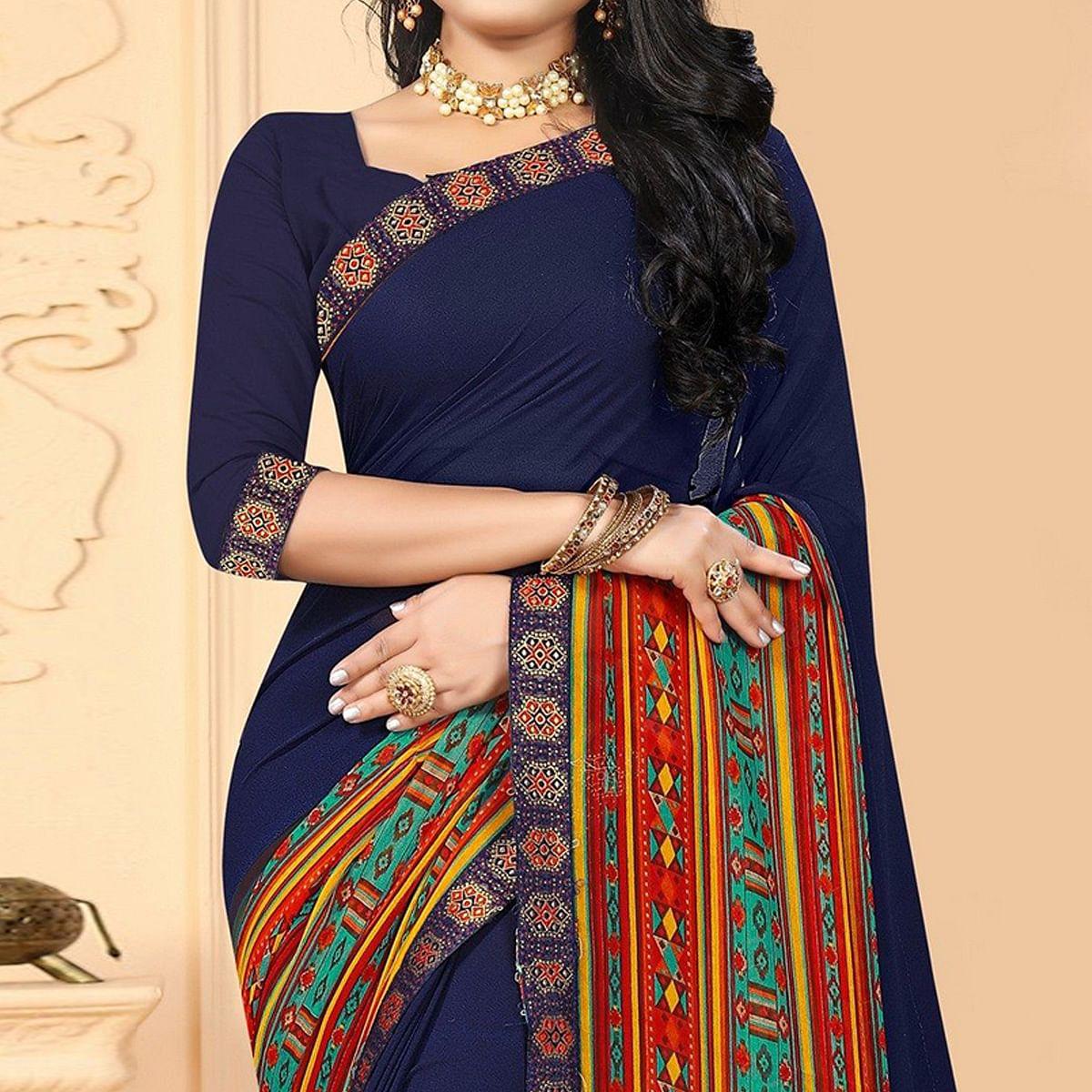 Blue Casual Wear Printed Georgette Designer Saree - Peachmode