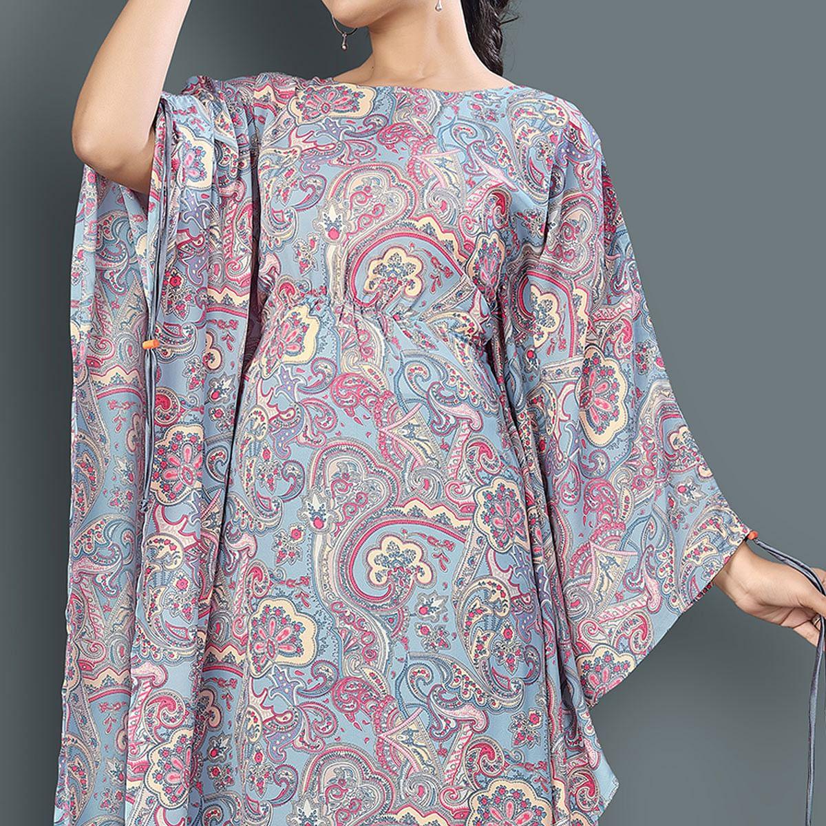 Blue Casual Wear Printed Georgette Kaftan Kurti - Peachmode