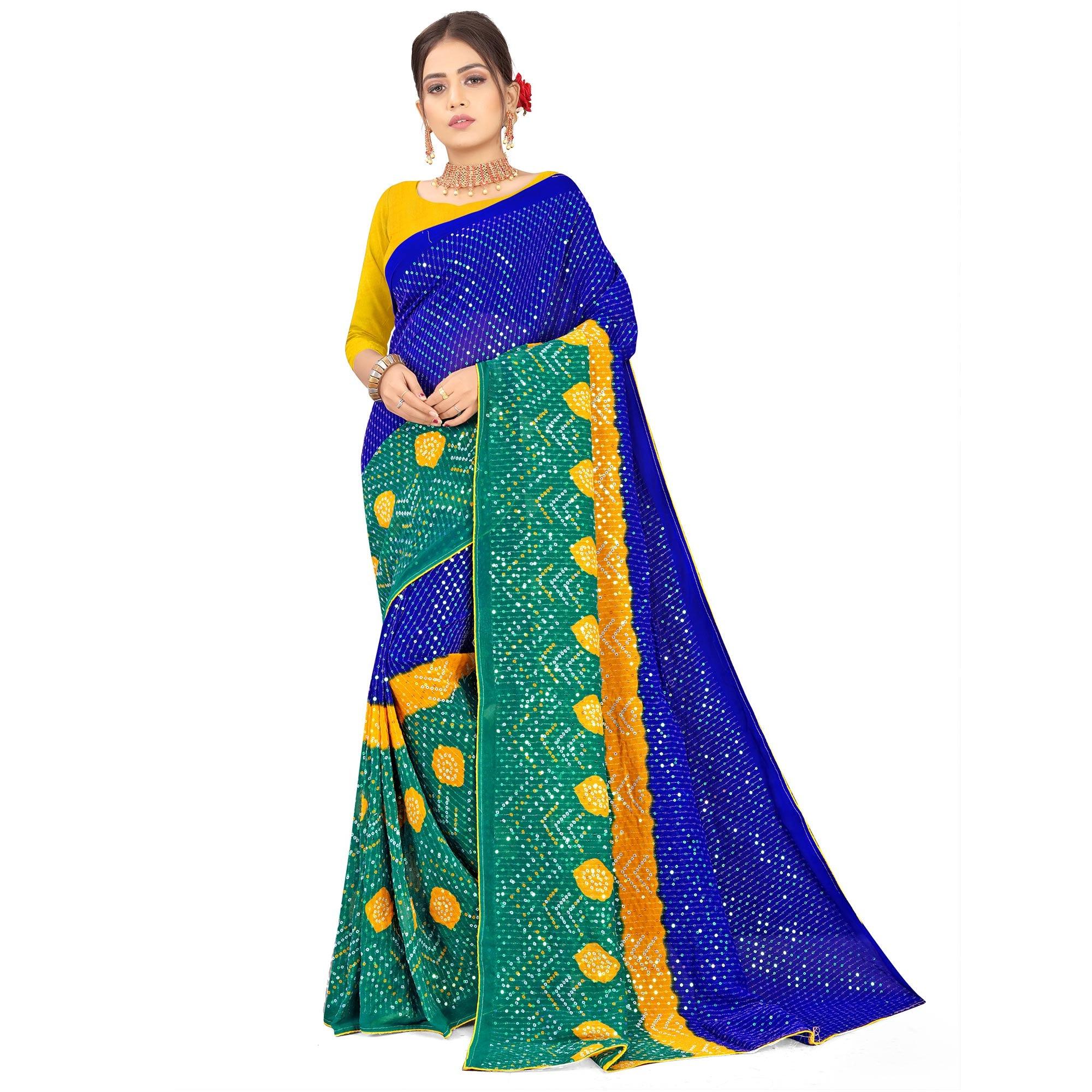 Blue Casual Wear Printed Georgette Saree - Peachmode