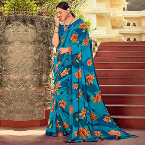 Blue Casual Wear Printed Georgette Saree - Peachmode
