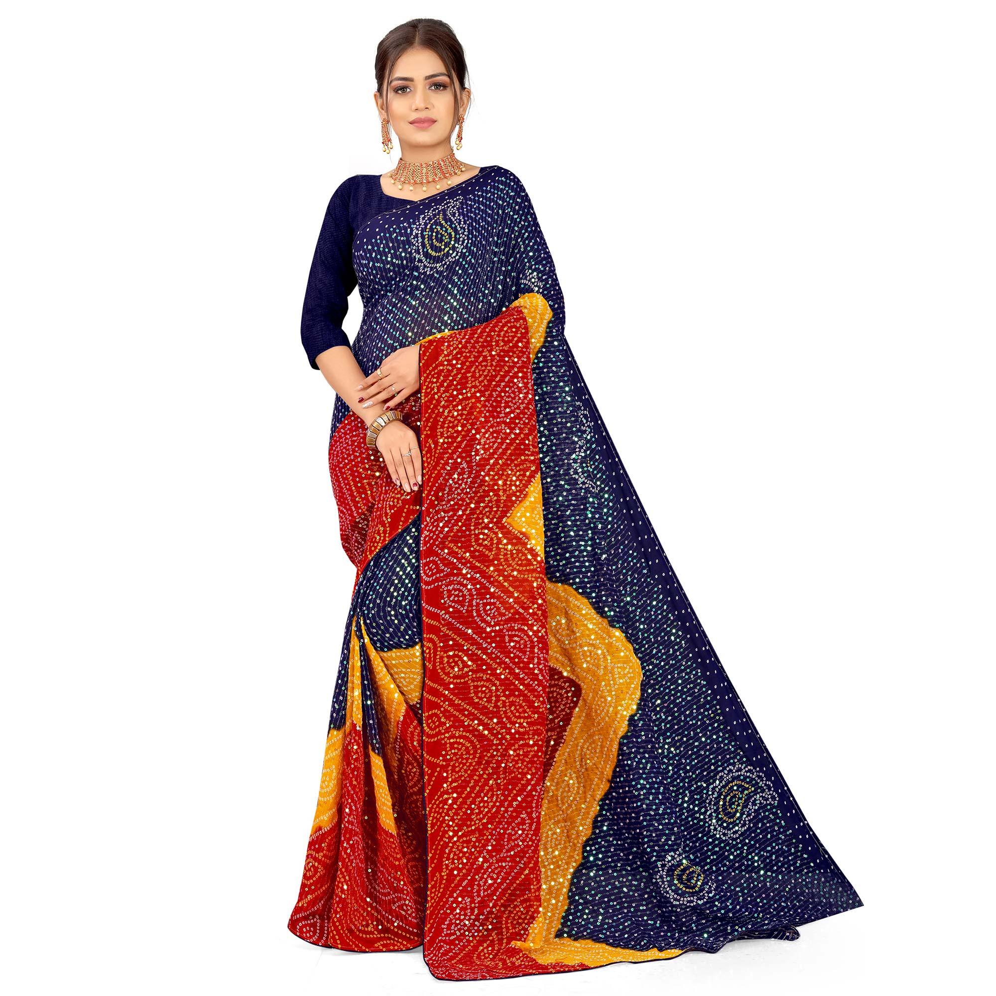 Blue Casual Wear Printed Georgette Saree - Peachmode
