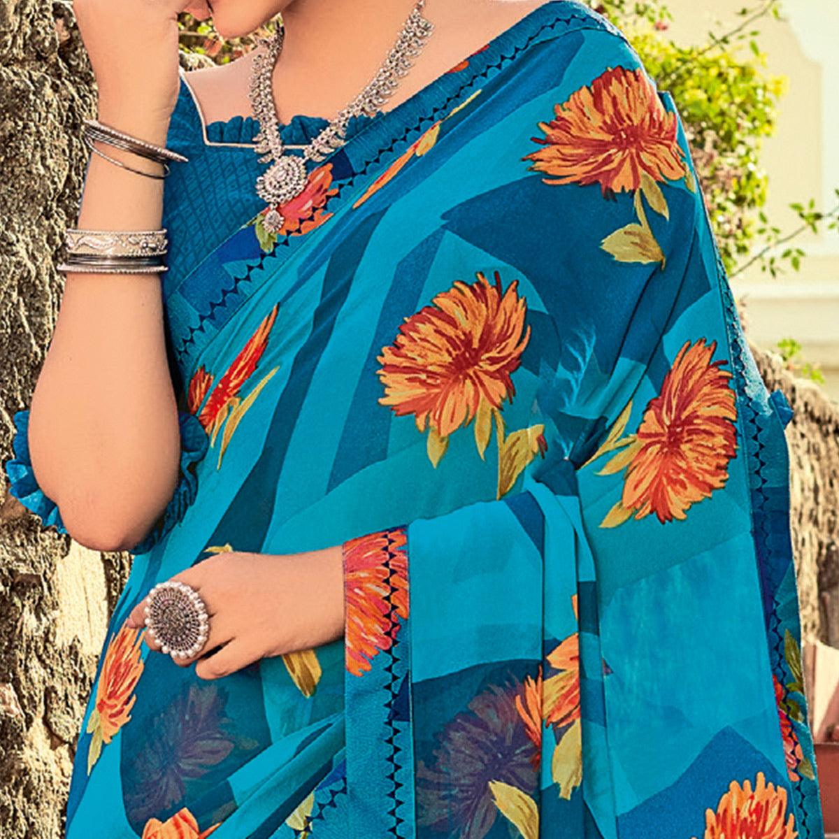 Blue Casual Wear Printed Georgette Saree - Peachmode