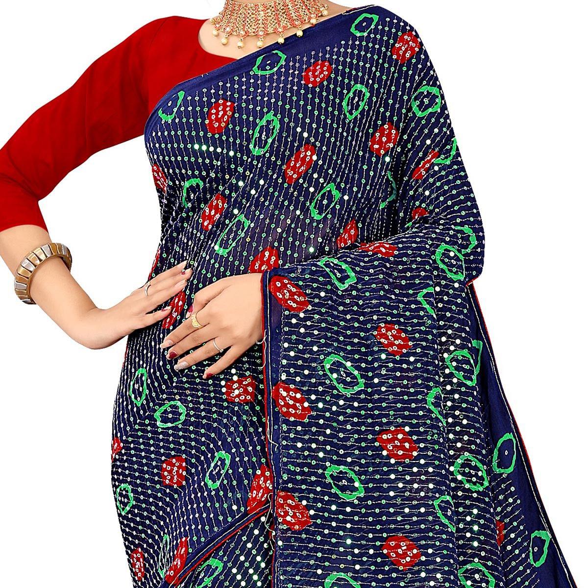 Blue Casual Wear Printed Georgette Saree - Peachmode