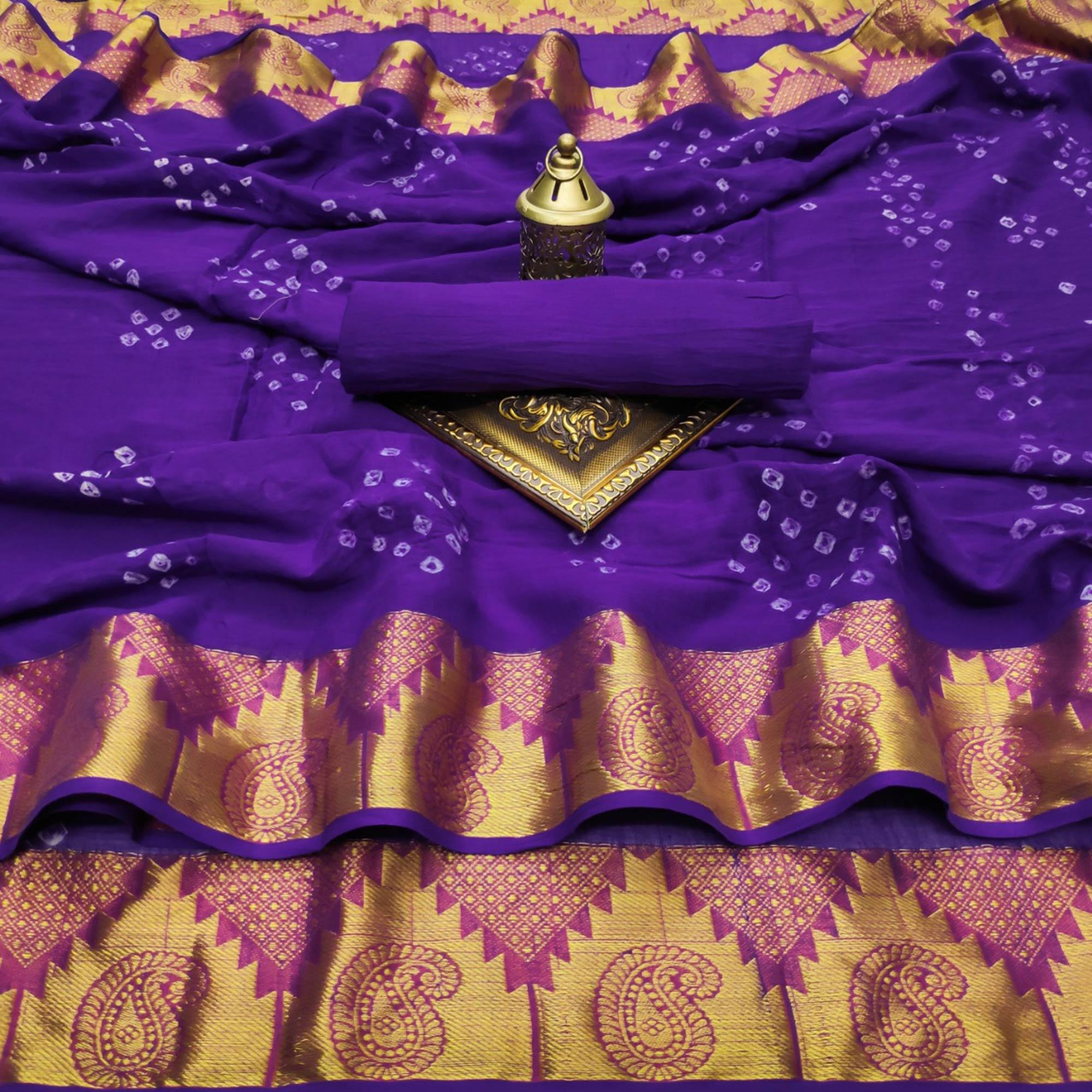 Blue Casual Wear Printed Hand Bandhej Zari Border Pure Cotton Saree - Peachmode