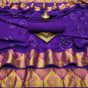 Blue Casual Wear Printed Hand Bandhej Zari Border Pure Cotton Saree - Peachmode