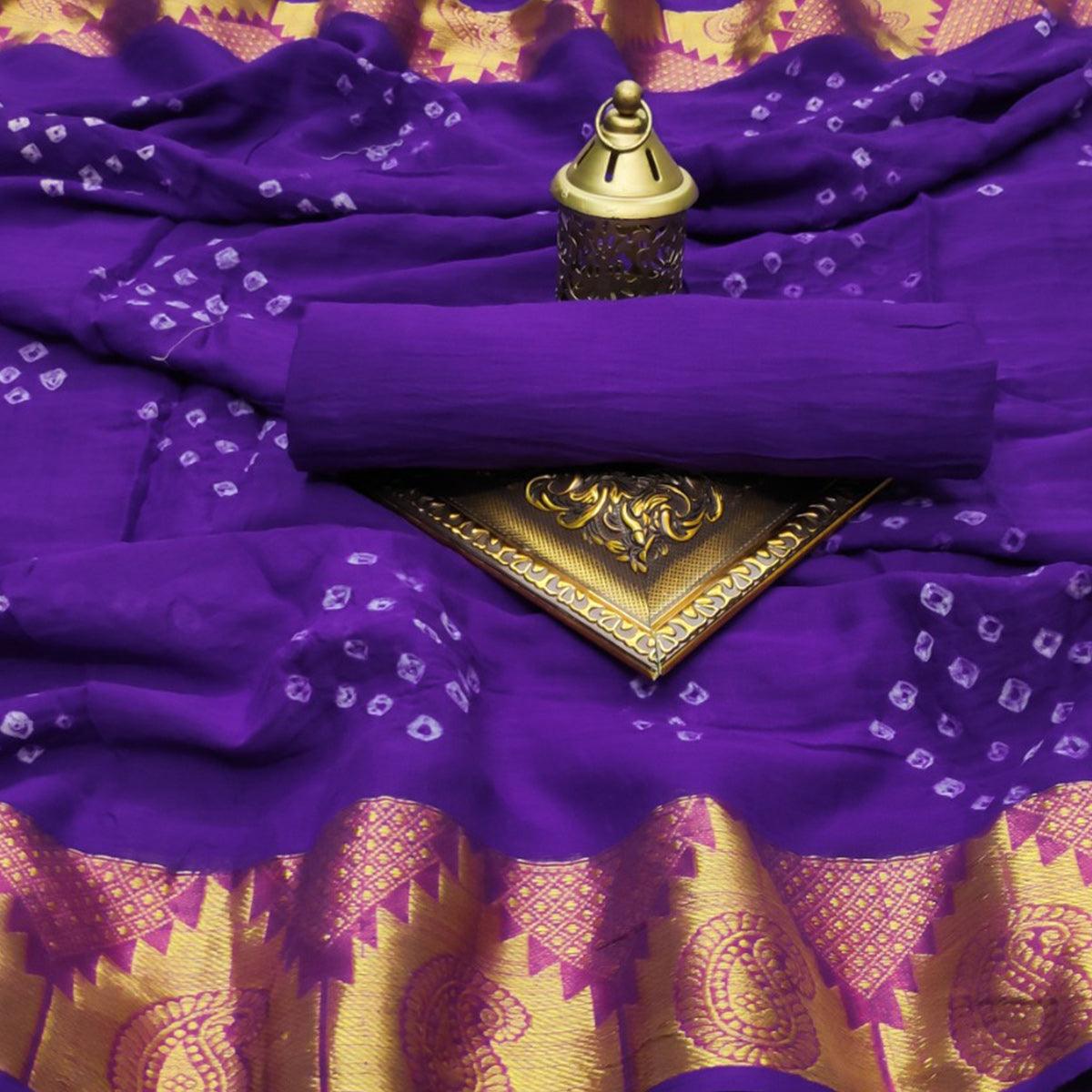 Blue Casual Wear Printed Hand Bandhej Zari Border Pure Cotton Saree - Peachmode