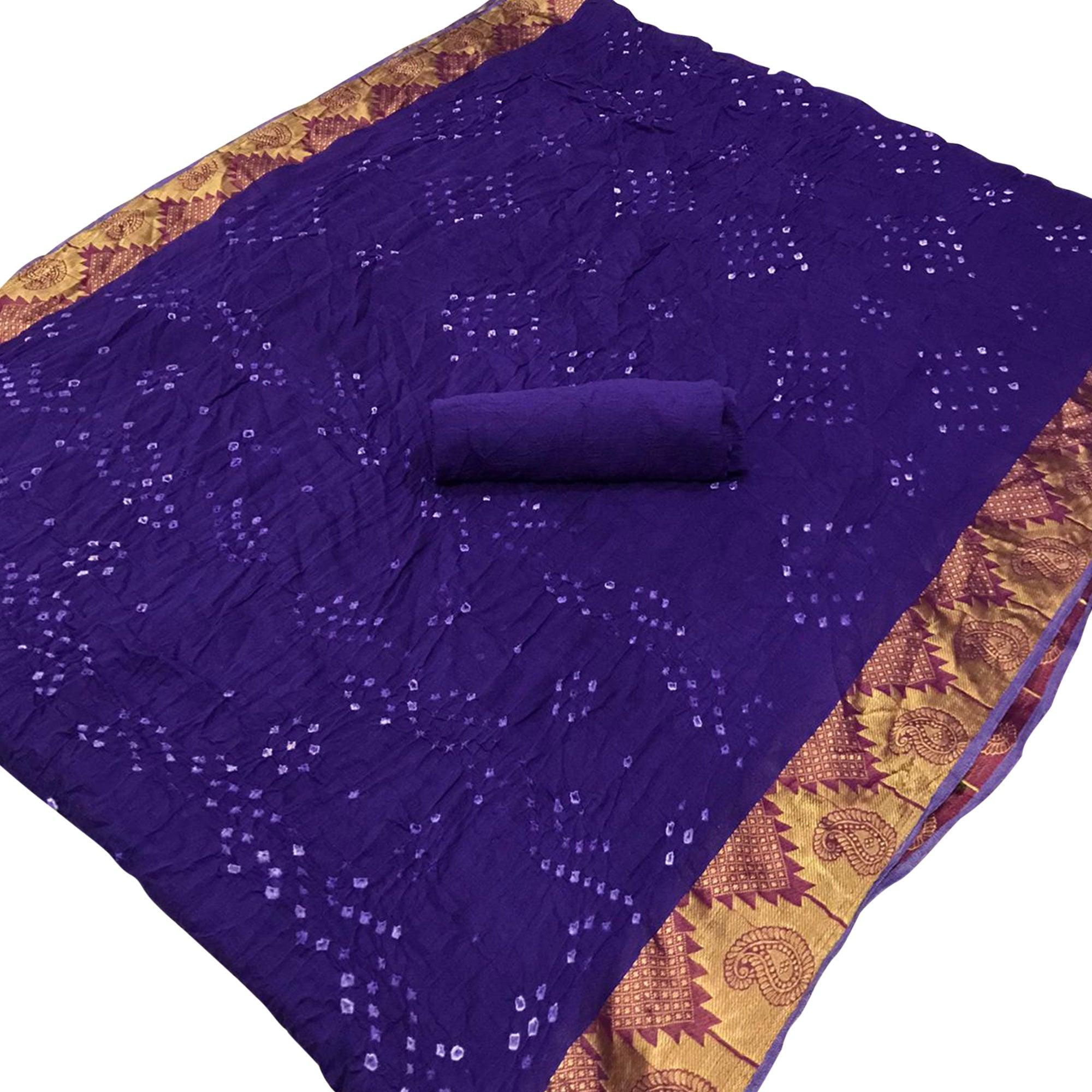 Blue Casual Wear Printed Hand Bandhej Zari Border Pure Cotton Saree - Peachmode