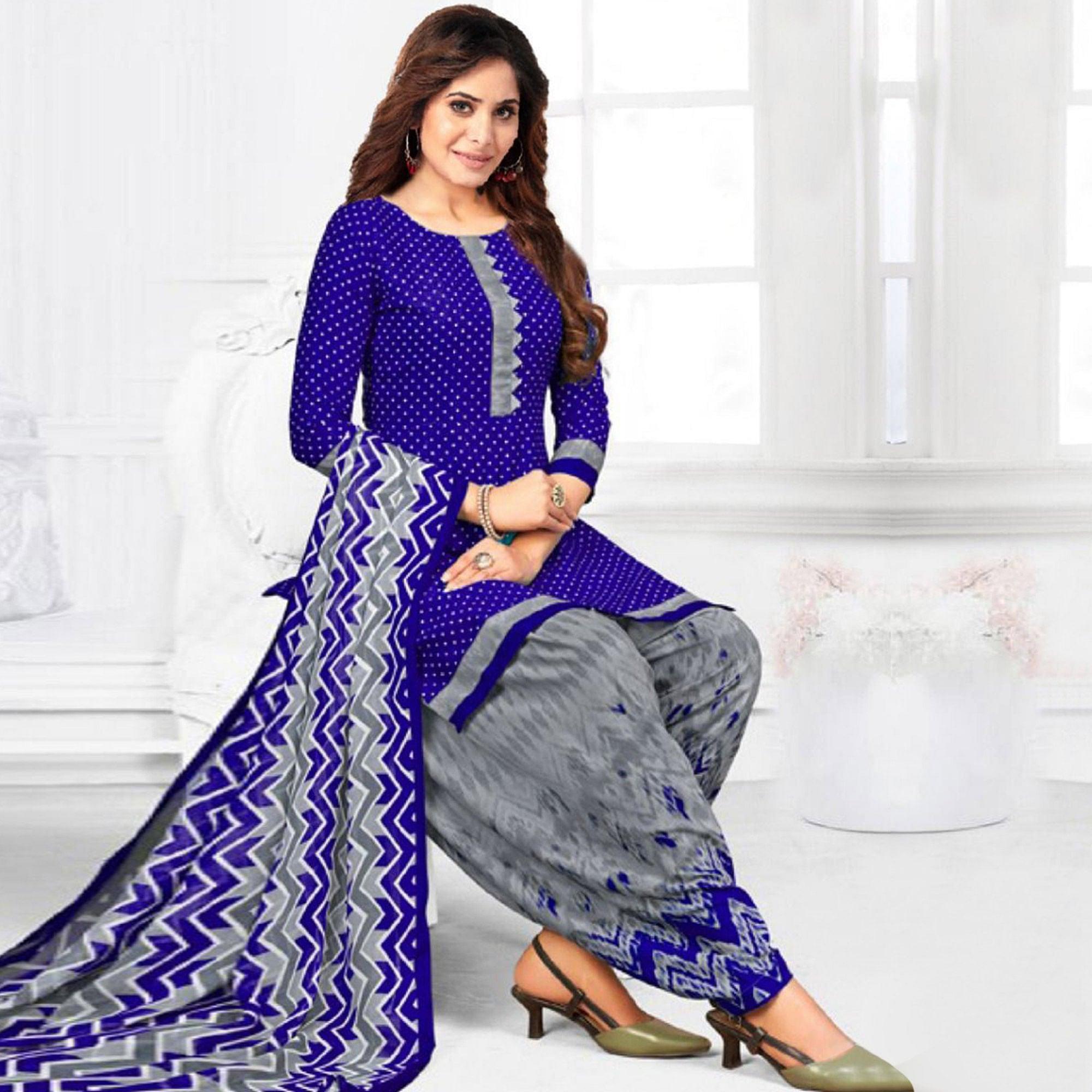 Blue Casual Wear Printed Leon Patiala Dress Material - Peachmode