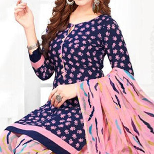 Blue Casual Wear Printed Leon Patiala Dress Material - Peachmode