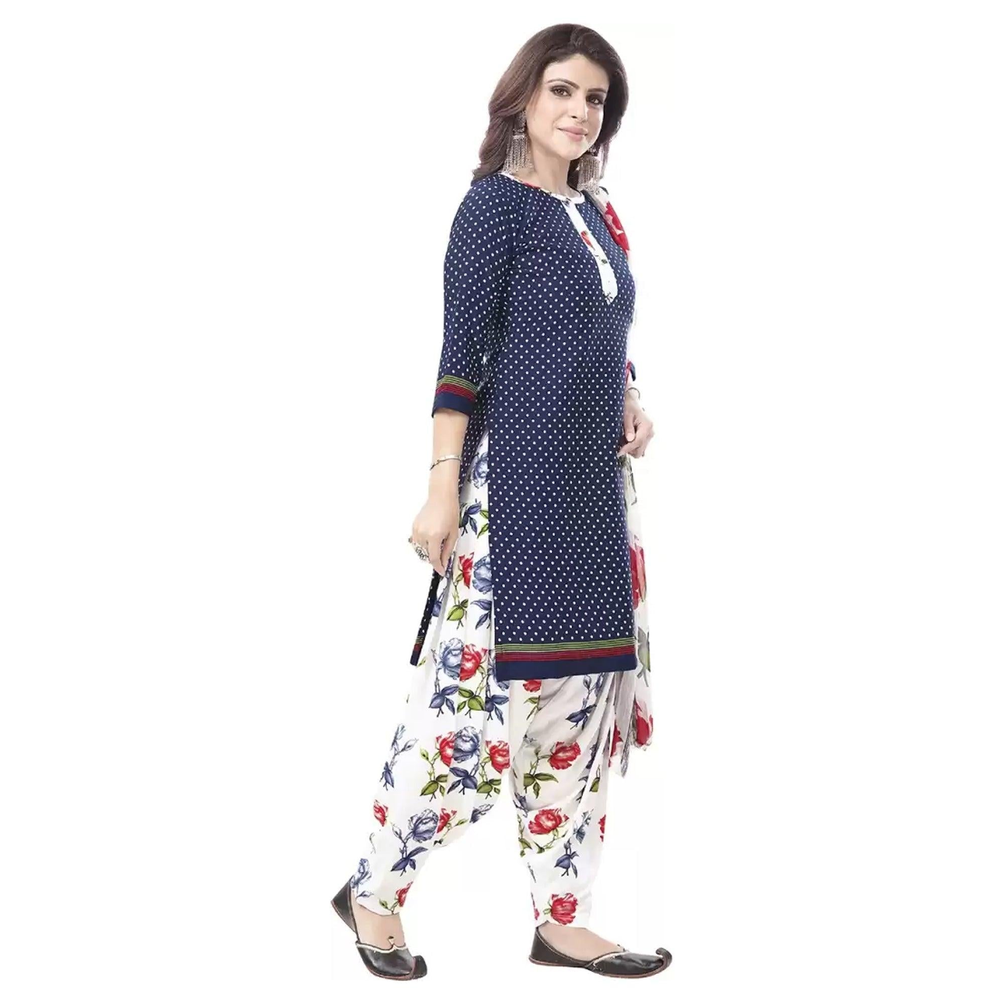 Blue Casual Wear Printed Leon Patiala Dress Material - Peachmode