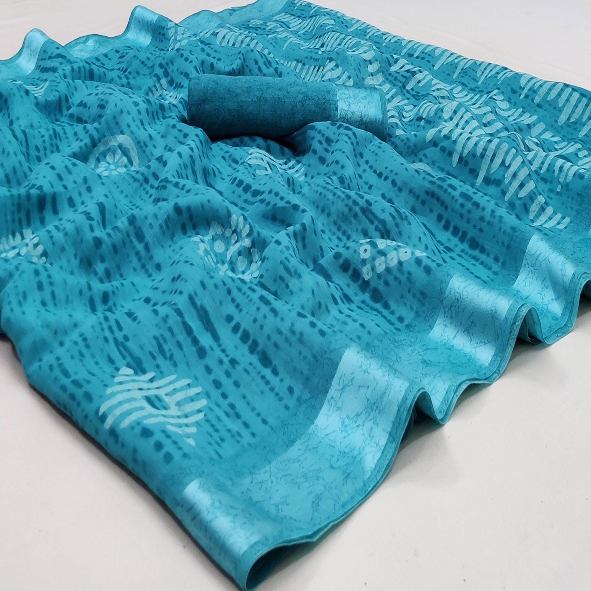 Blue Casual Wear Printed Linen Cotton Saree - Peachmode