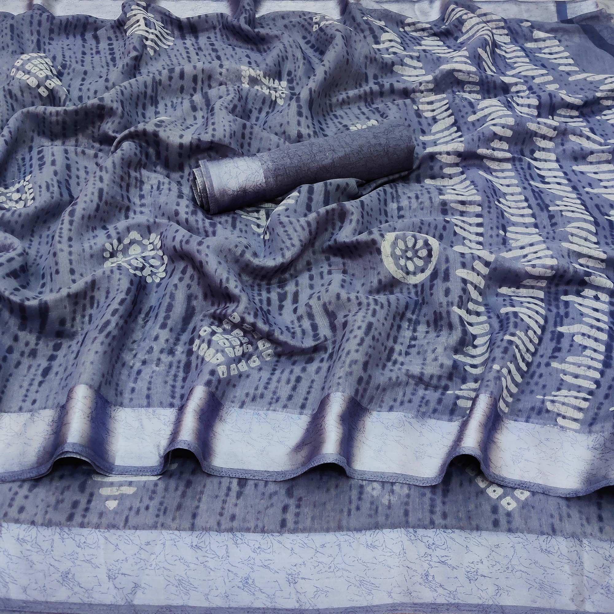 Blue Casual Wear Printed Linen Cotton Saree - Peachmode