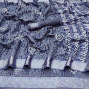 Blue Casual Wear Printed Linen Cotton Saree - Peachmode