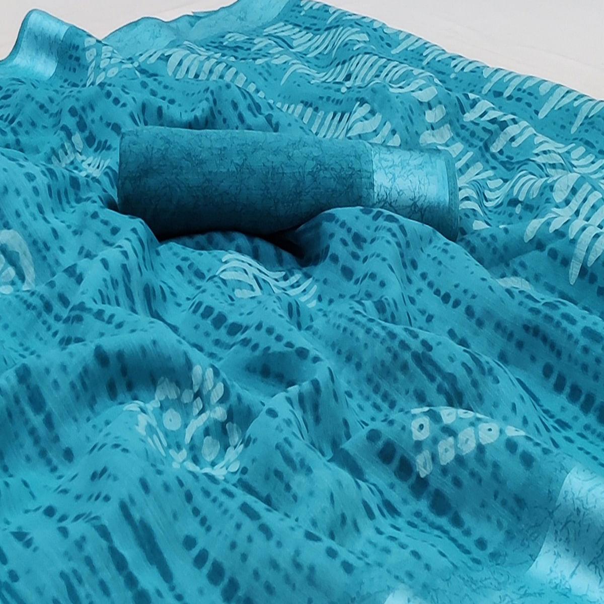 Blue Casual Wear Printed Linen Cotton Saree - Peachmode