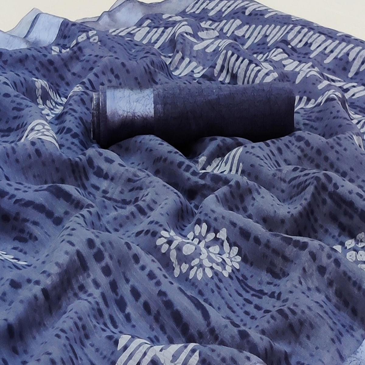 Blue Casual Wear Printed Linen Cotton Saree - Peachmode