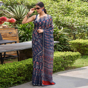 Blue Casual Wear Printed Linen Saree - Peachmode