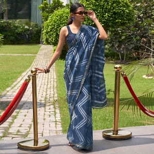 Blue Casual Wear Printed Linen Saree - Peachmode