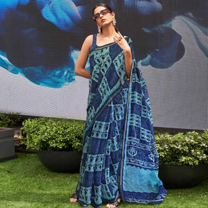 Blue Casual Wear Printed Linen Saree - Peachmode