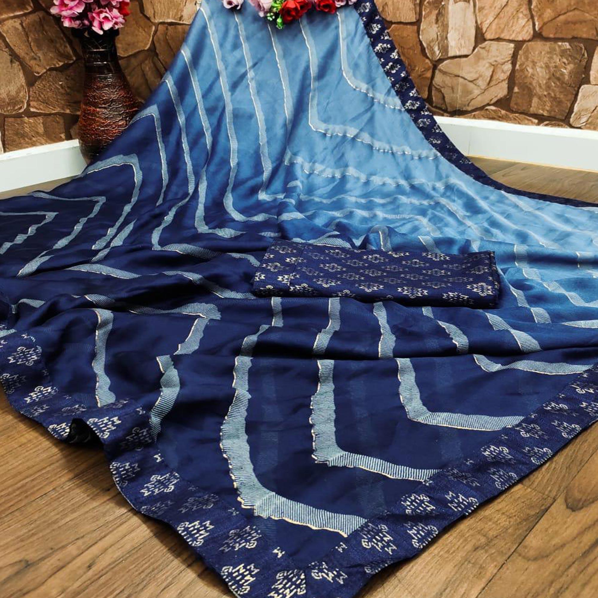 Blue Casual Wear Printed Moss Chiffon Saree - Peachmode