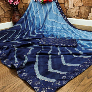 Blue Casual Wear Printed Moss Chiffon Saree - Peachmode