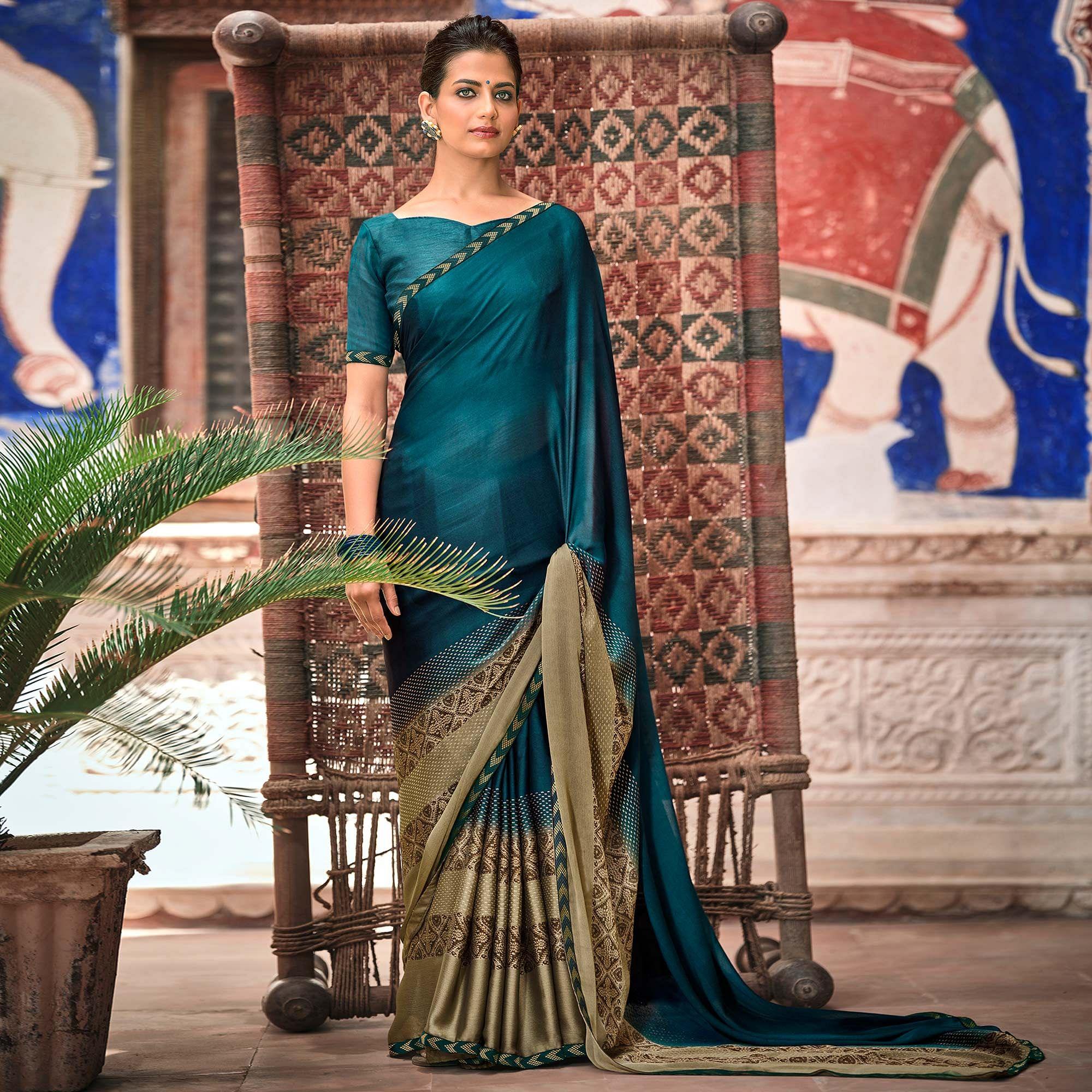 Blue Casual Wear Printed Moss Saree With Fancy Zari Border - Peachmode